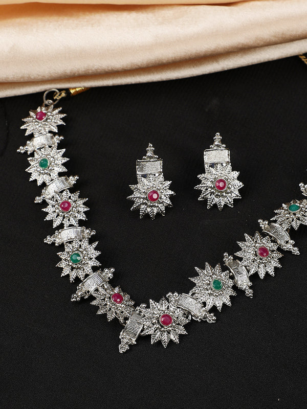 Women's Silver-Plated Green & Red Stone-Studded Ruby Emerald Handcrafted Jewellery Set - Jazz and Sizzle