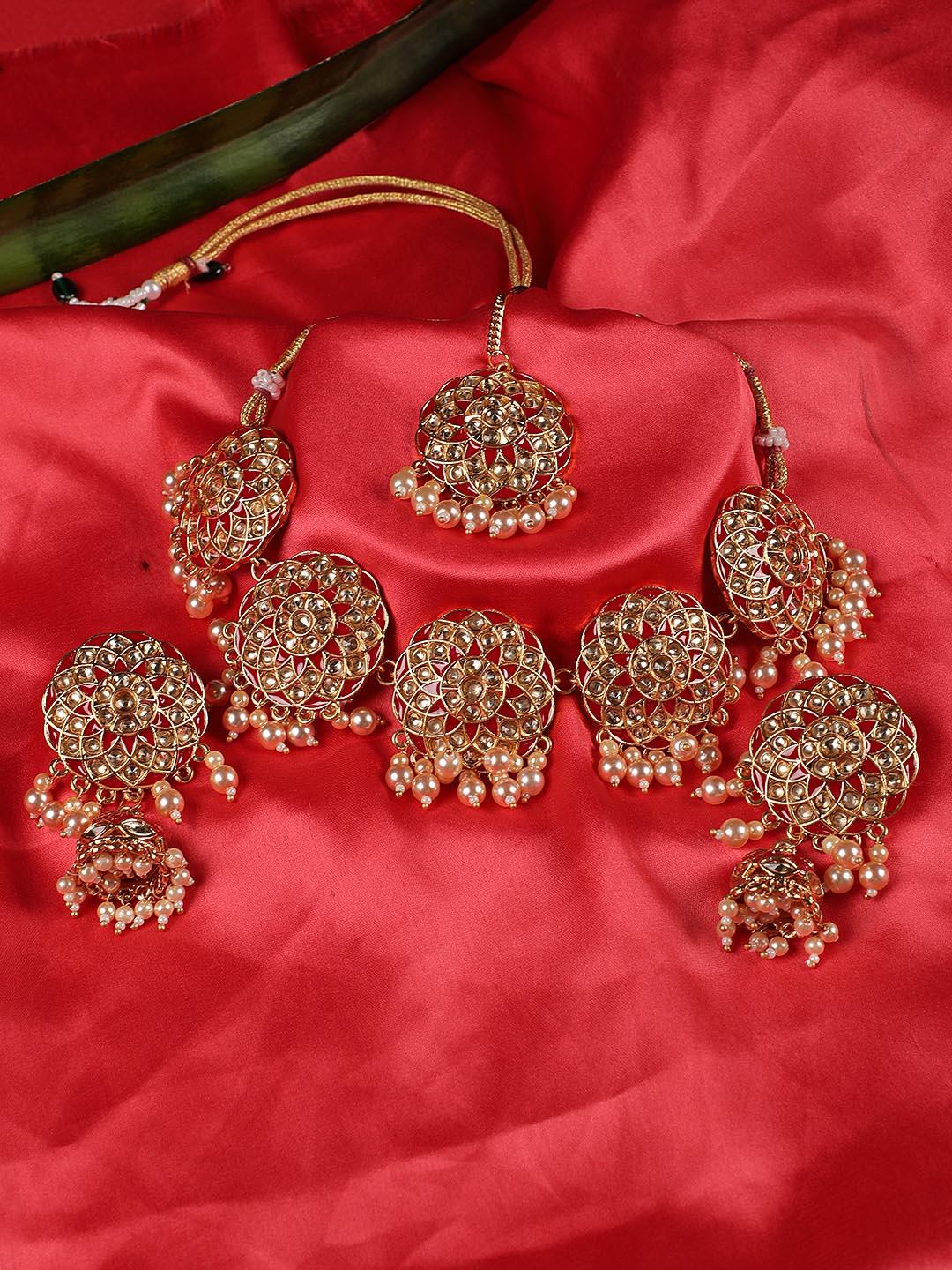 Women's Red Kundan Pearls Gold Plated Chokers Set with MaangTikka - Jazz and Sizzle - Indiakreations