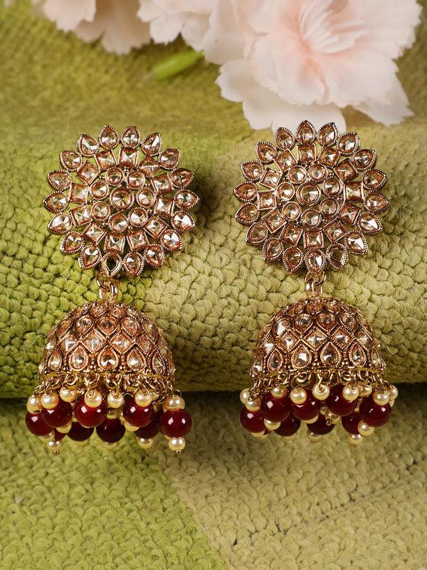 Women's Gold-Toned & Ad studed Marron Beaded Contemporary Jhumkas - Jazz and Sizzle