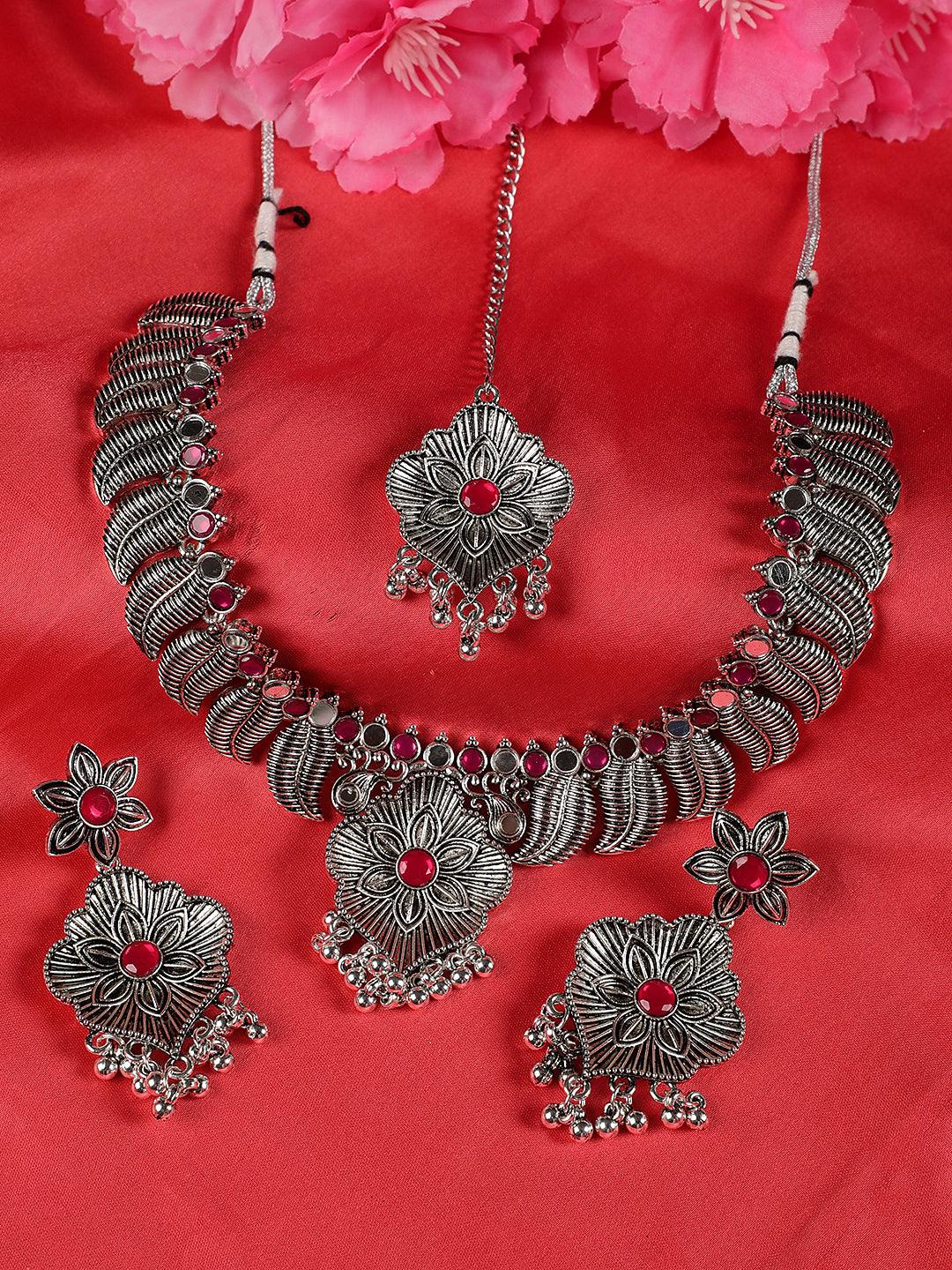 Women's Ruby Stones Studded OxidisedSilver Plated Jewellery Set - Jazz and Sizzle - Indiakreations