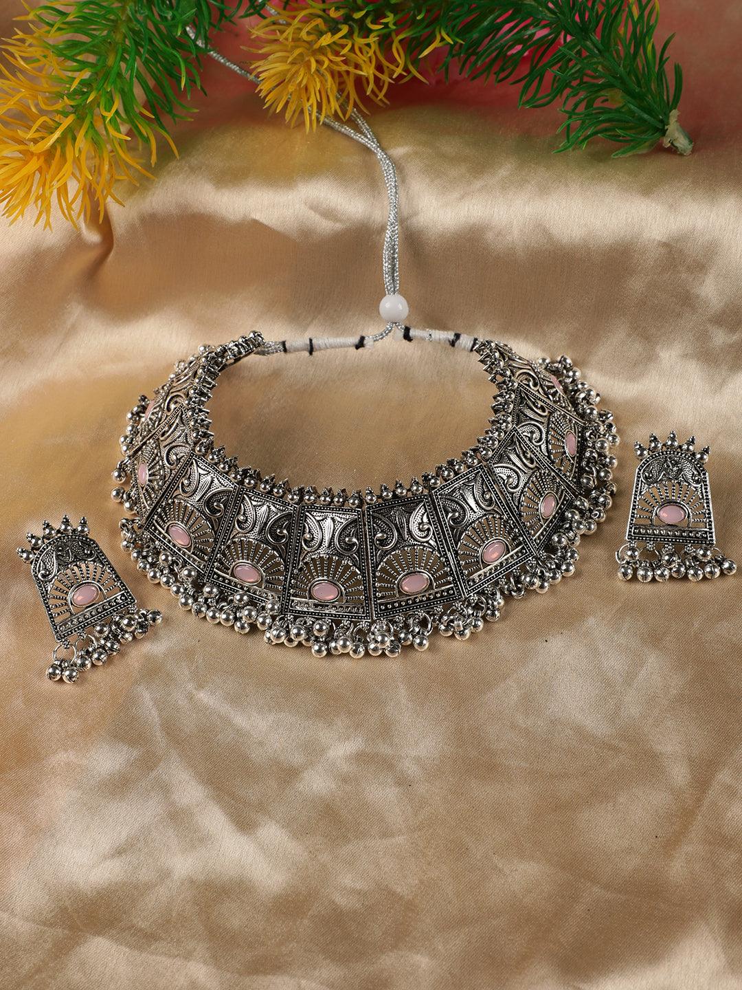 Women's Pink Stones Studded OxidisedSilver Plated Jewellery Set - Jazz and Sizzle - Indiakreations