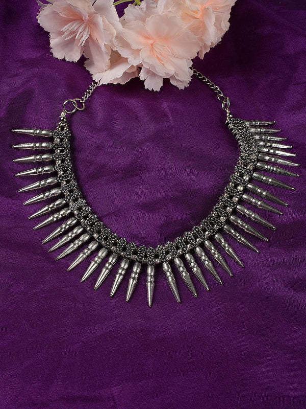 Women's Silver-Plated Spiked Oxidised Tribal Necklace - Jazz and Sizzle - Indiakreations