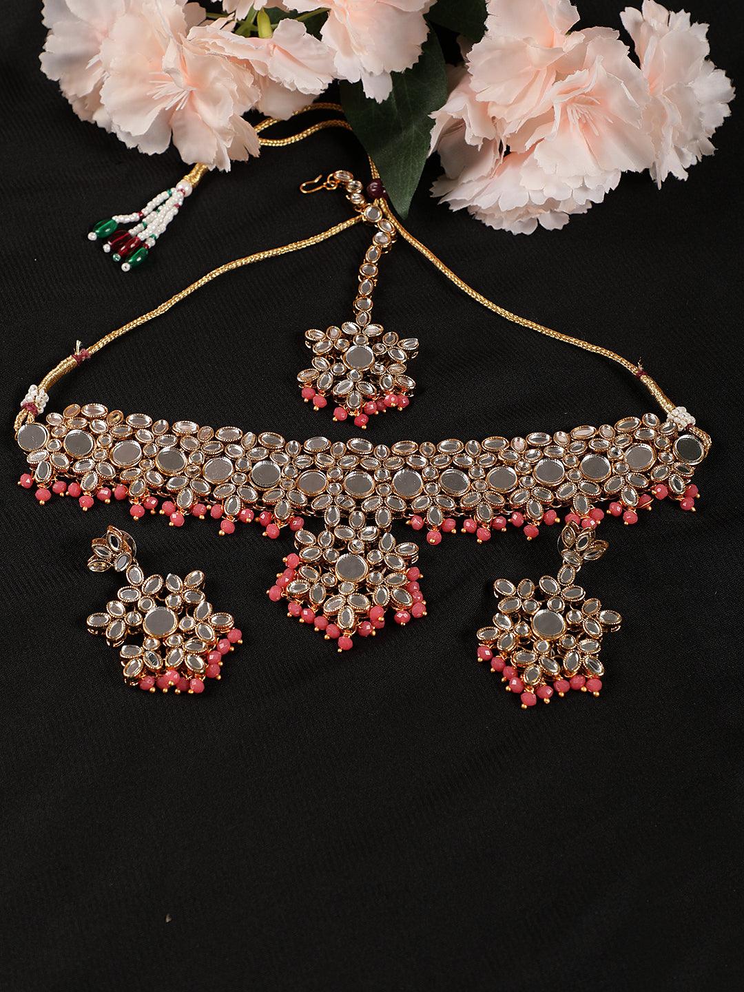 Women's Pink Kundan Gold Plated Mirror Chokers Set with MaangTikka - Jazz and Sizzle - Indiakreations