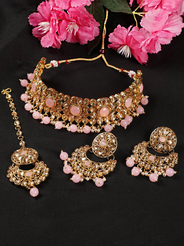 Women's Pink Pearls Kundan Beads Gold Plated Chokers Set with MaangTika - Jazz and Sizzle - Indiakreations