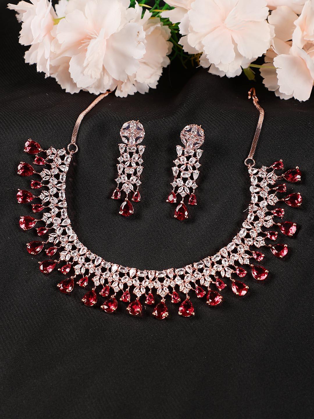 Women's Maroon American Diamond Rose Gold Plated Jewellery Set - Jazz and Sizzle - Indiakreations