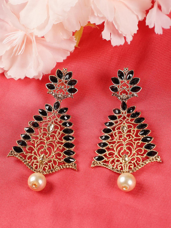 Women's Gold Toned & Black kundan Studded Contemporary Drop Earrings - Jazz and Sizzle