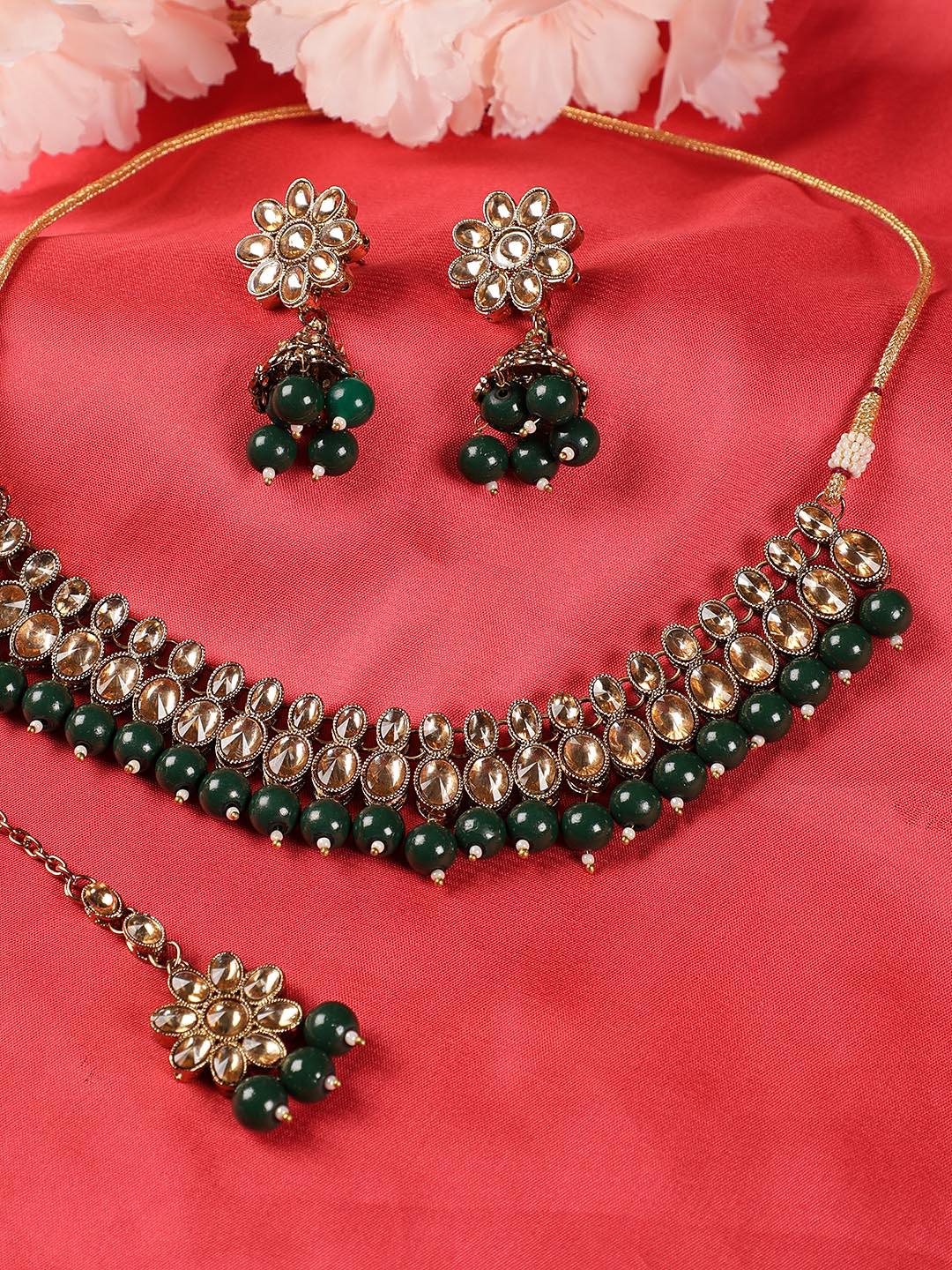 Women's Green Kundan Stones Gold Plated Chokers Set with MaangTikka - Jazz and Sizzle - Indiakreations