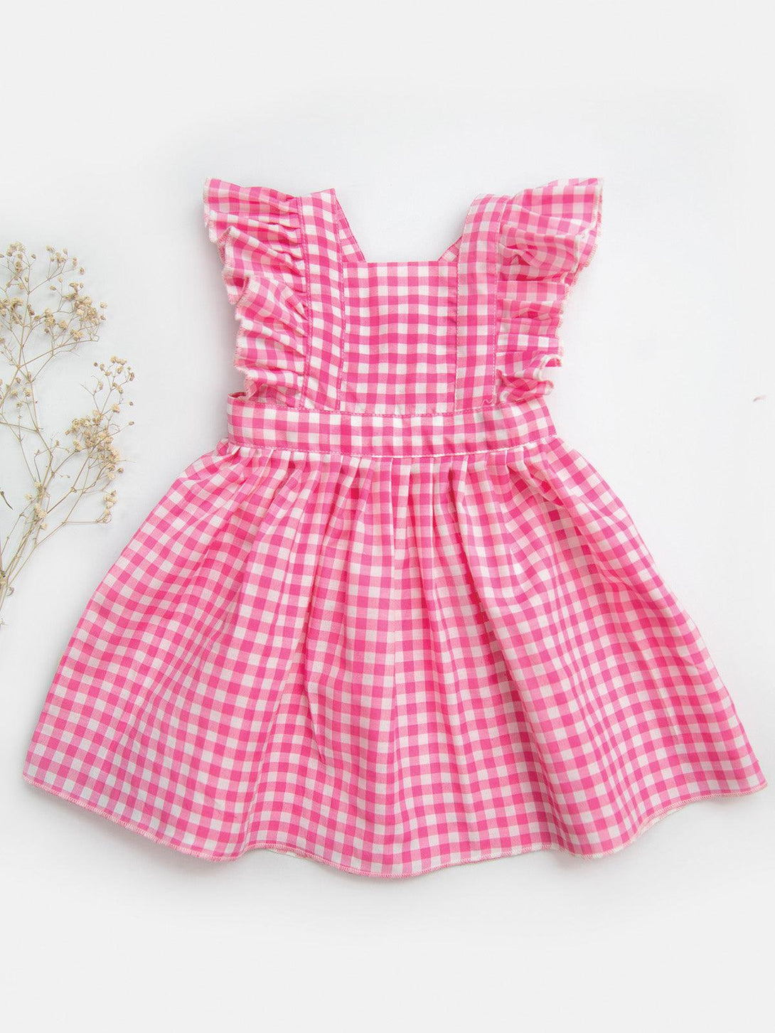 Girl's Cute Pink checks Baby Frilled Frock - HALEMONS - Indiakreations