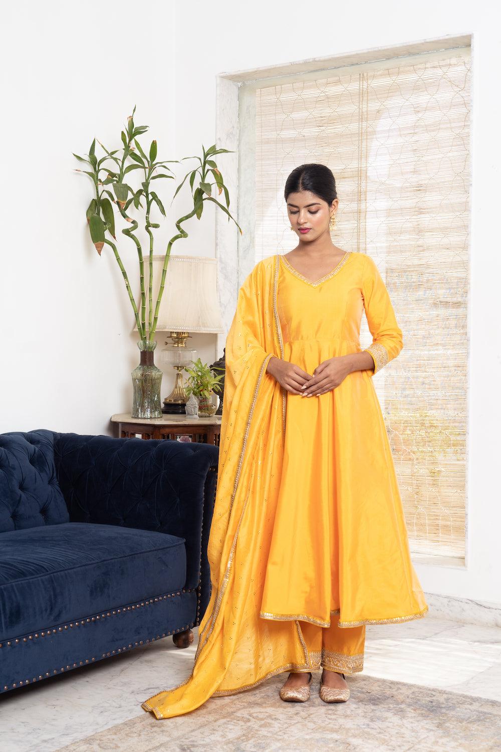 Khwabidah Mustard Anarkali Set of 3 - Indiakreations