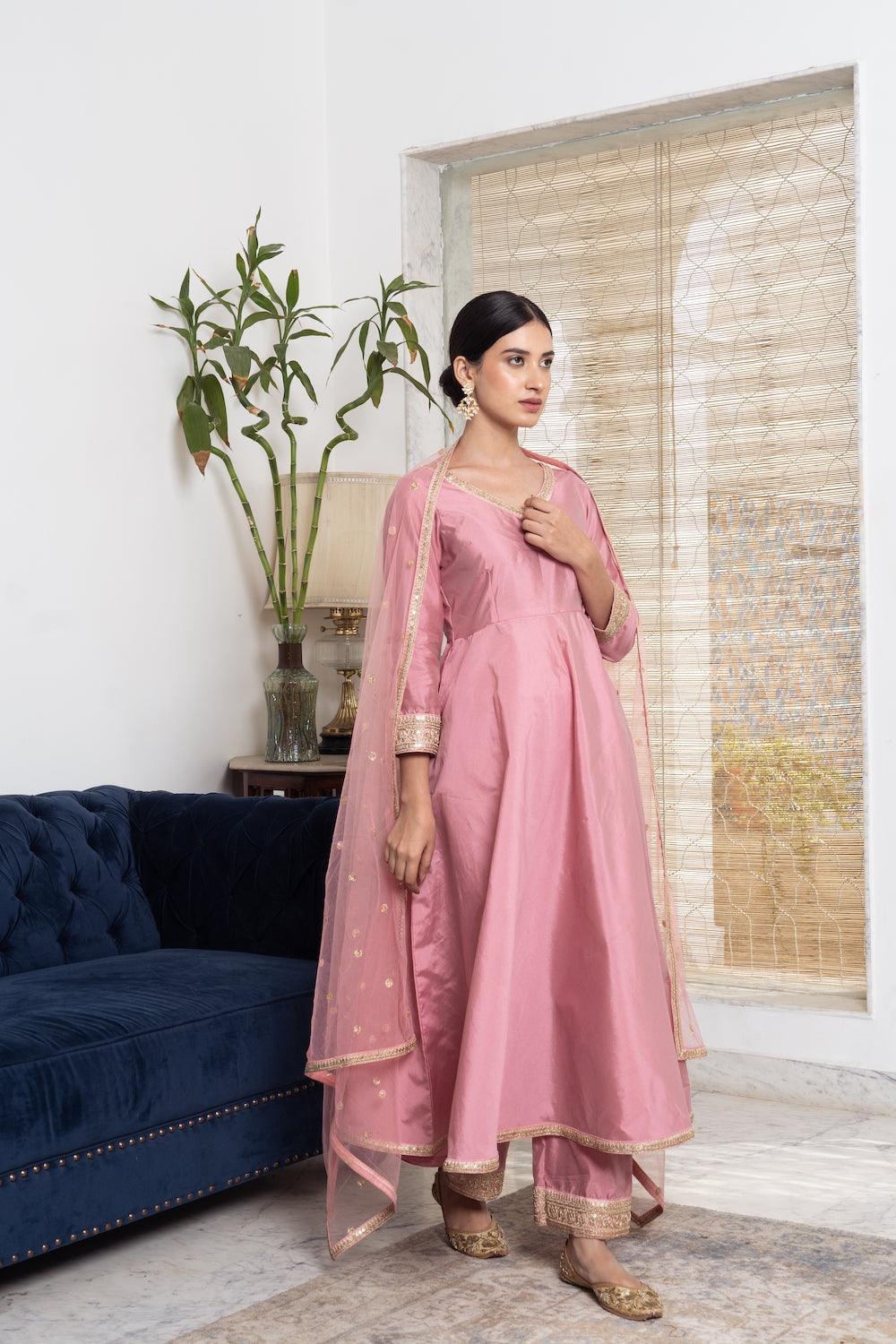 Khwabidah Baby Pink Anarkali Set of 3 - Indiakreations