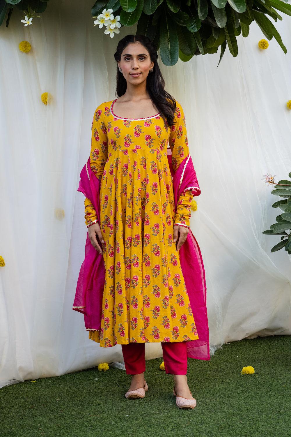 Mehfil Mustard Anarkali Set - Indiakreations