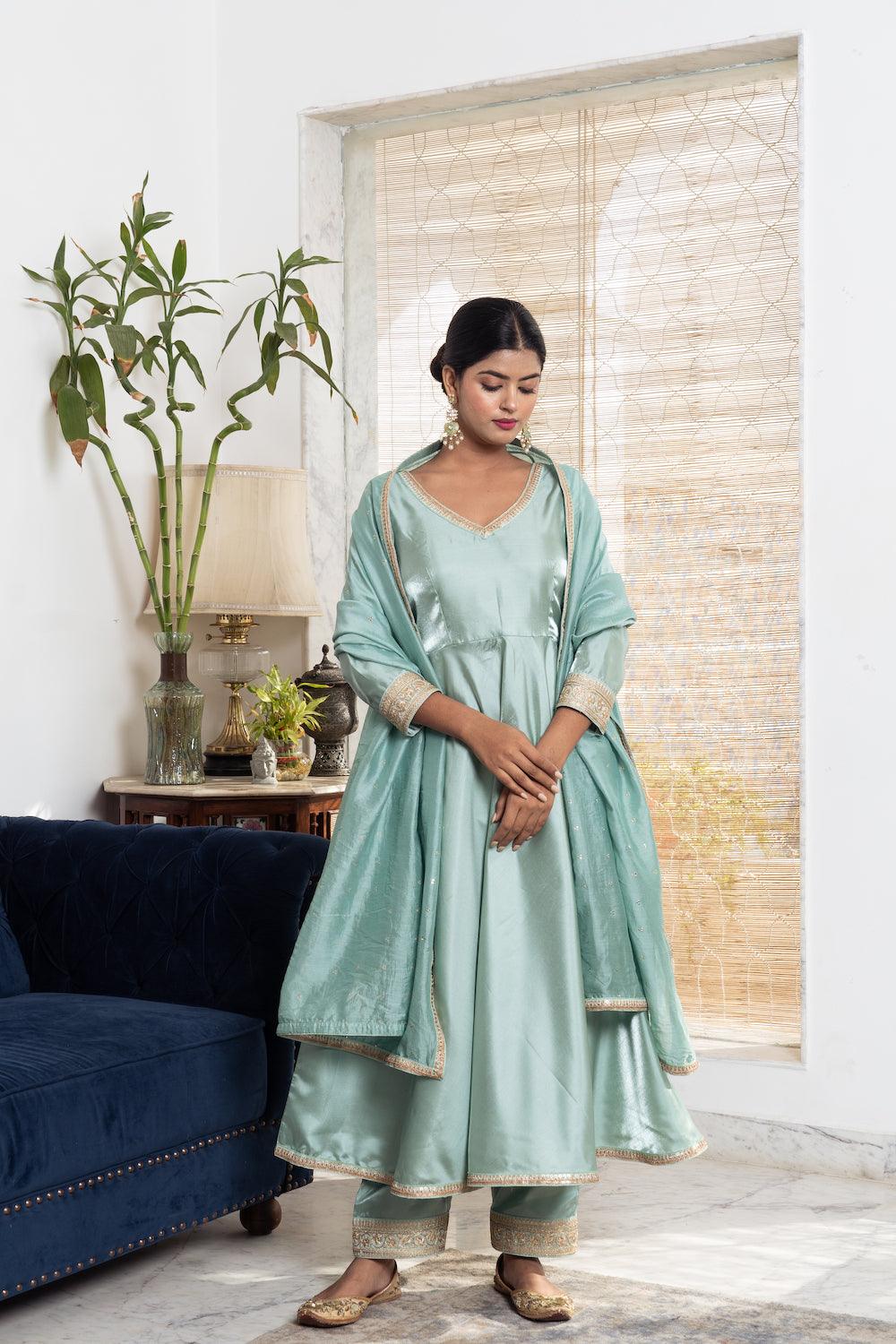 Khwabidah Pista Green Silk Anarkali Set of 3 - Indiakreations