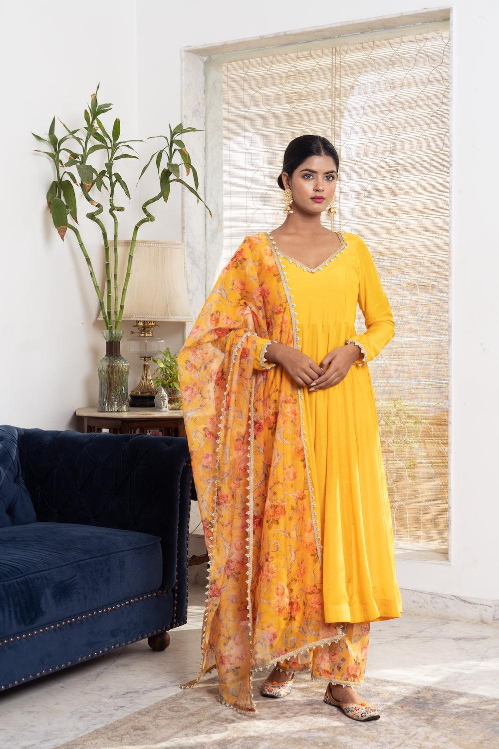 Khwabidah Yellow Anarkali with floral dupatta Set of 3 - Indiakreations