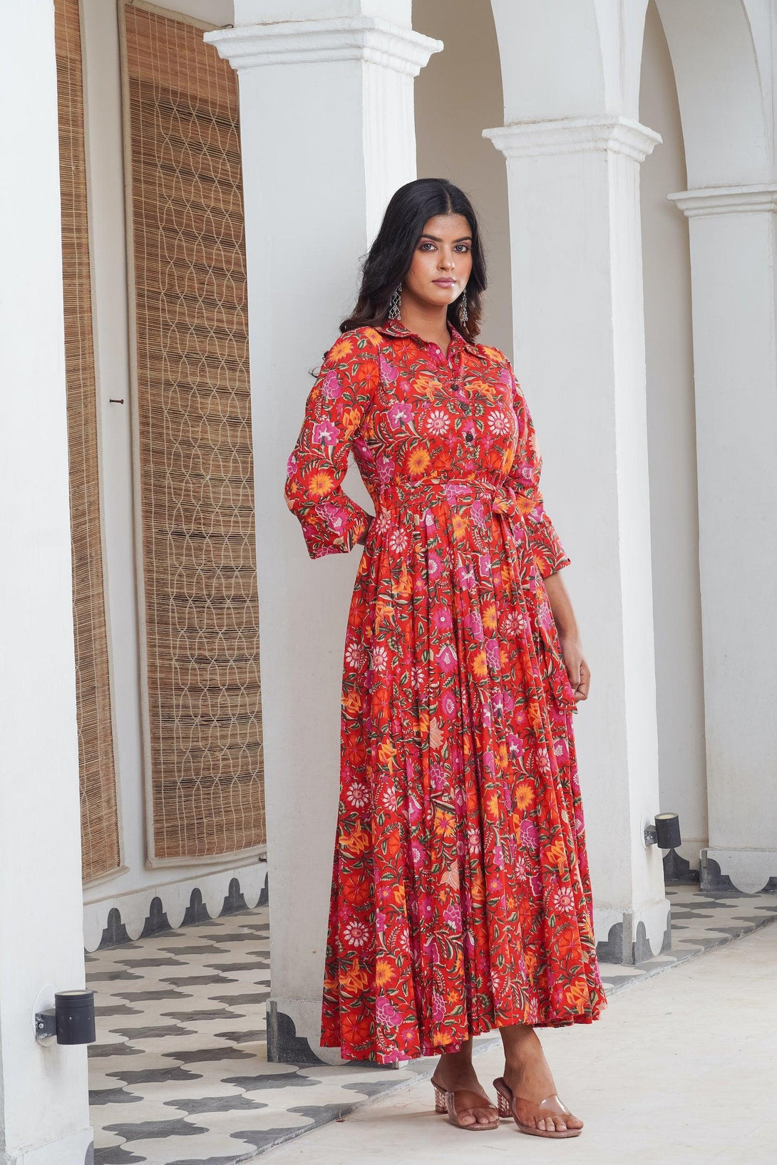 Red hand block shirt collar Maxi - Indiakreations