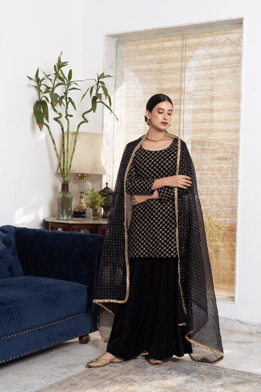 Khwabidah Black Sharara Set of 3 - Indiakreations