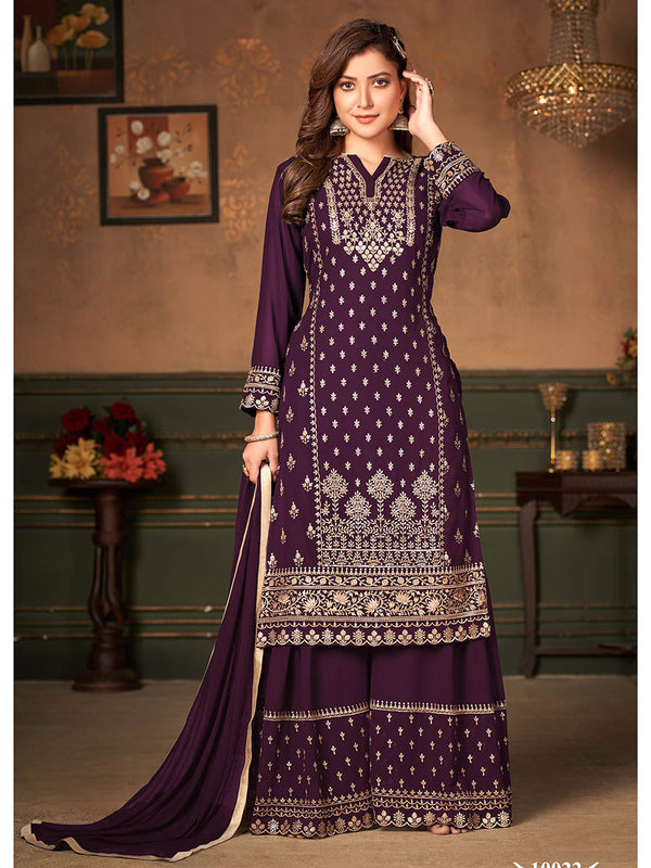 Women's Wine Faux Georgette Embroidered Sharara Suit - Myracouture