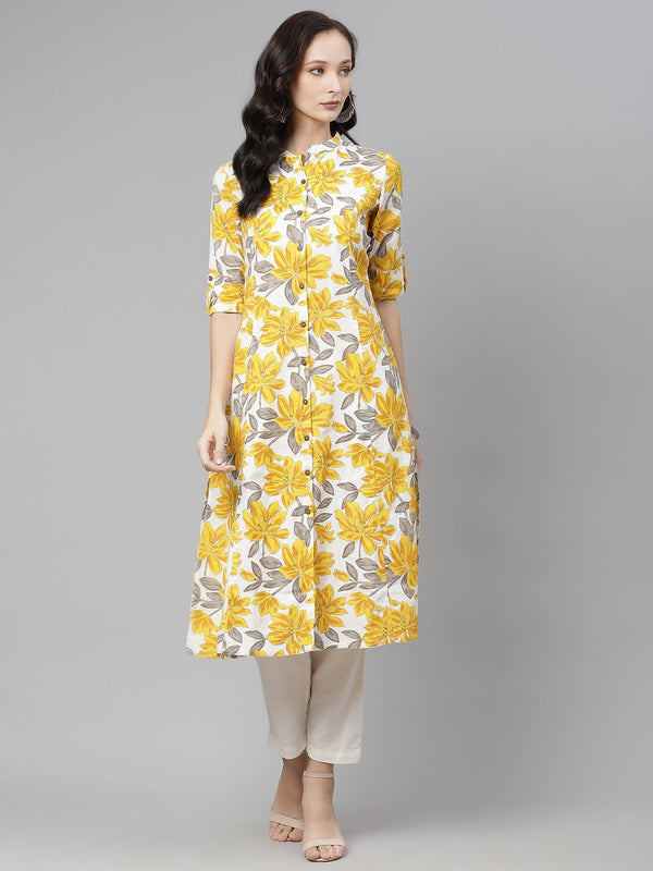 Women's Yellow Floral Print Pure Cotton A-Line Kurta - Wahenoor