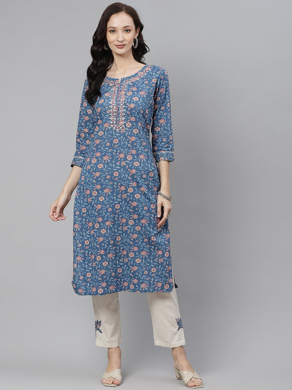 Women's Blue Printed Straight Kurta With Cotton Pants - Noz2Toz