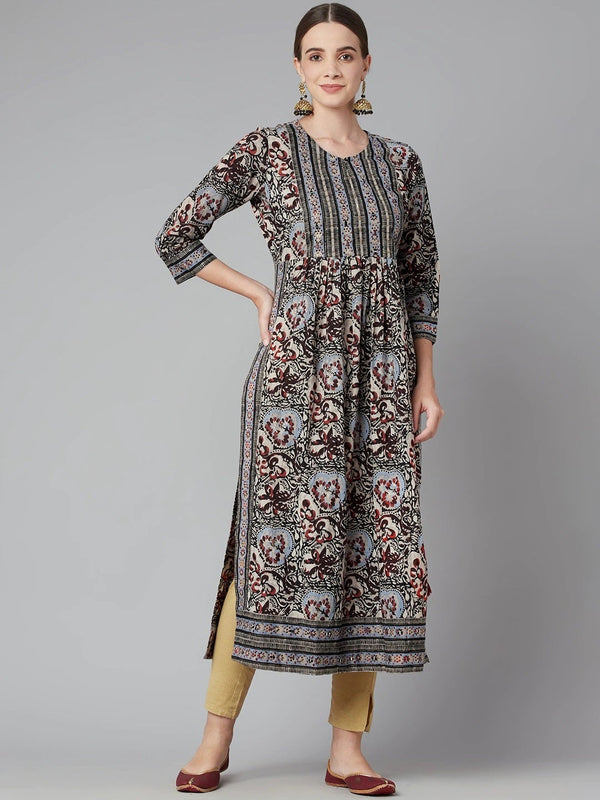 Women's Grey Cotton Gathered Kurta With Side Slits. - Noz2Toz