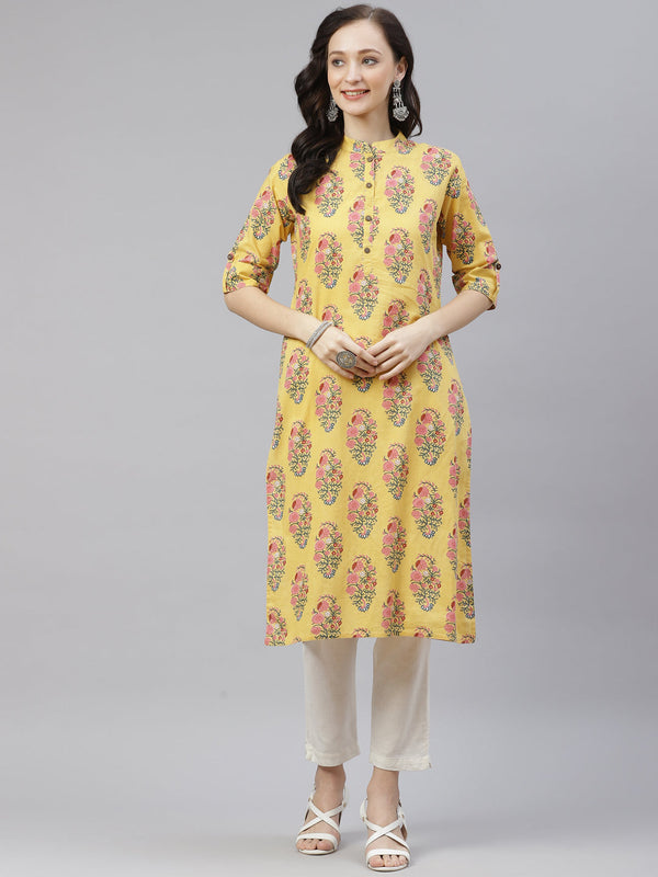 Women's Yellow Floral Cotton Straight Kurti - Wahenoor