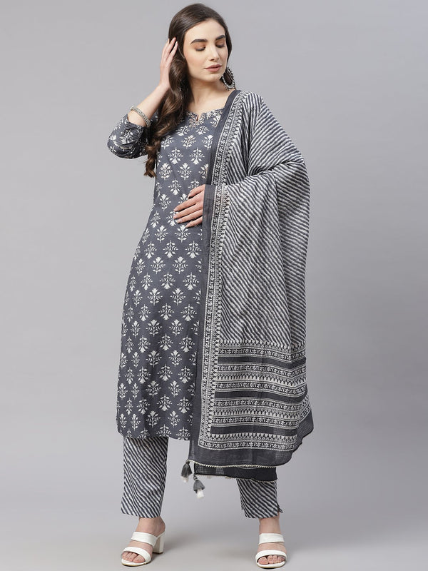 Women's Grey Cotton Straight Kurta Pant Set With Dupatta - Noz2Toz