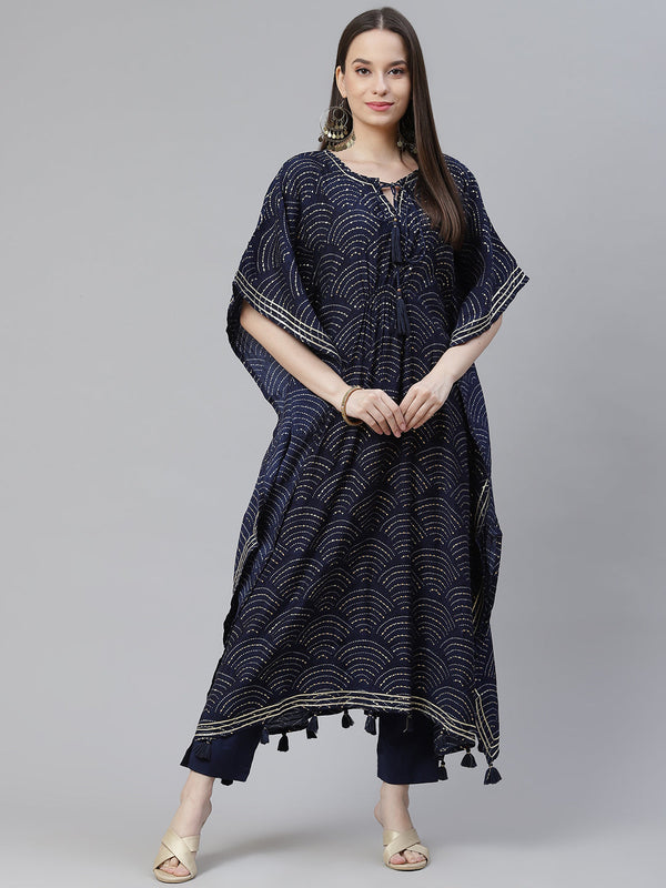 Women's Blue Rayon Bandhej Kaftan Pant Set - Wahenoor