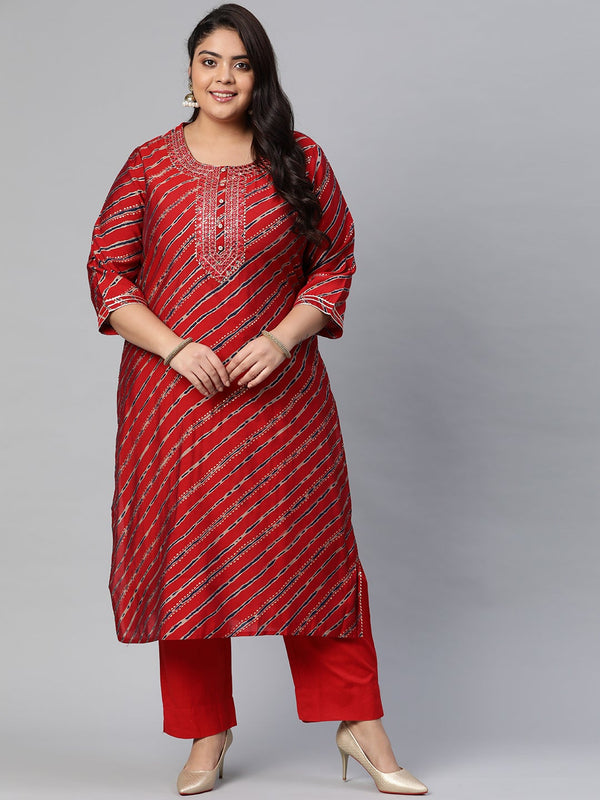 Women's Red Lahariya Kurta With Cotton Flex Pant Set - Noz2Toz