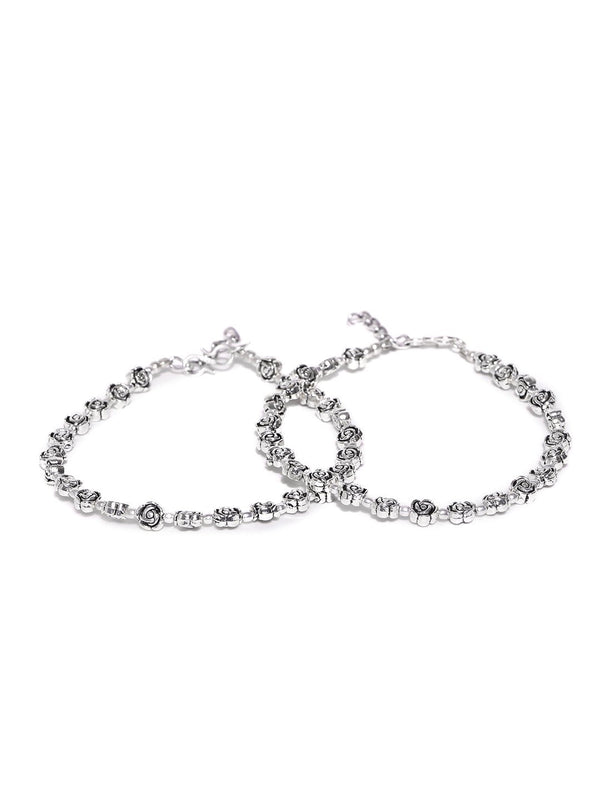 Women's Designer Rose Inspired Set Of 2 German Silver/Oxidized Anklet/Payal - Priyaasi