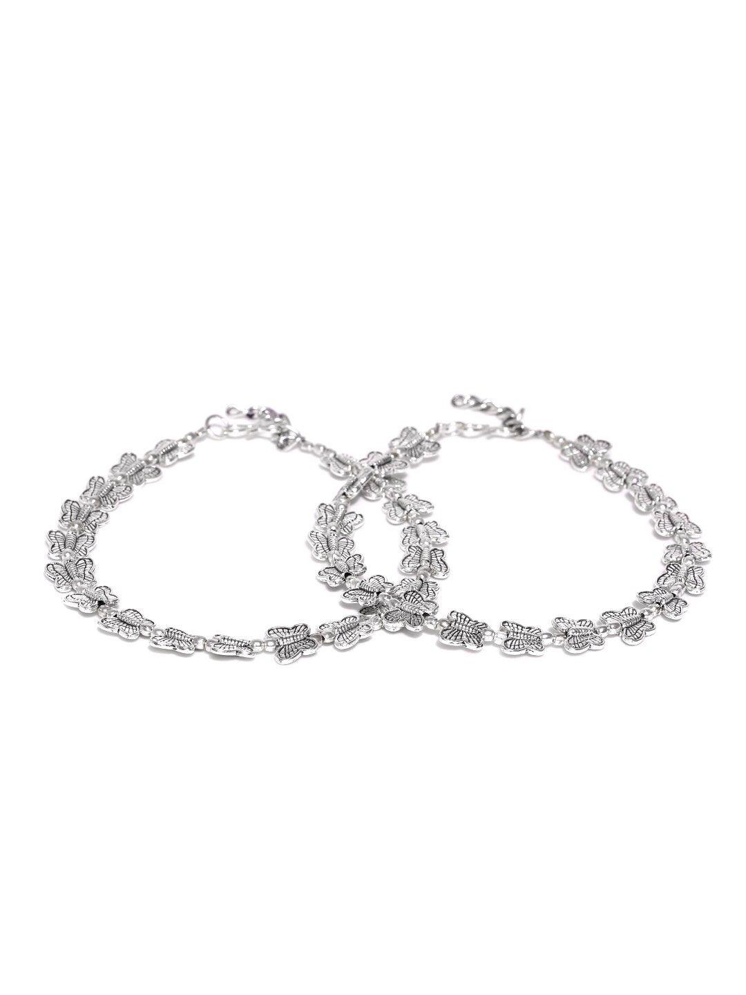 Women's Designer Set Of 2 Butterfly German Silver/Oxidized Anklet/Payal - Priyaasi - Indiakreations