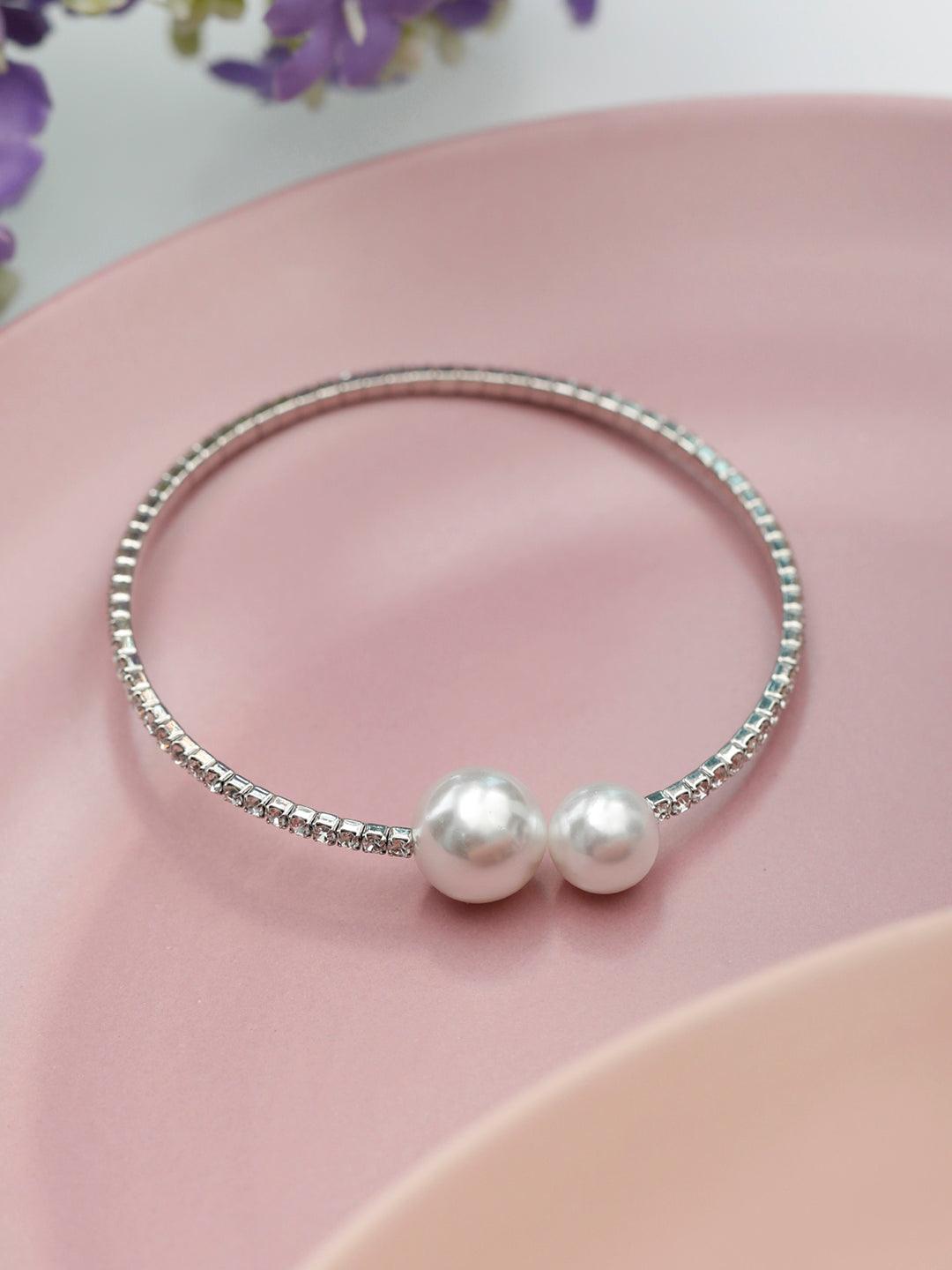 Women's American Diamond Pearls Silver Plated Circle Cuff Bracelet - Priyaasi - Indiakreations