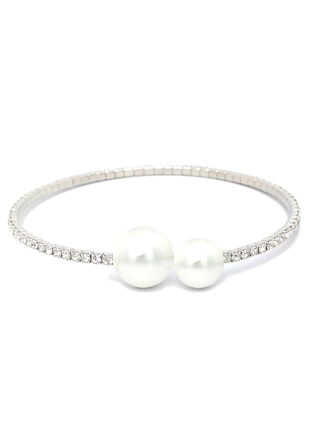 Women's American Diamond Pearls Silver Plated Circle Cuff Bracelet - Priyaasi - Indiakreations