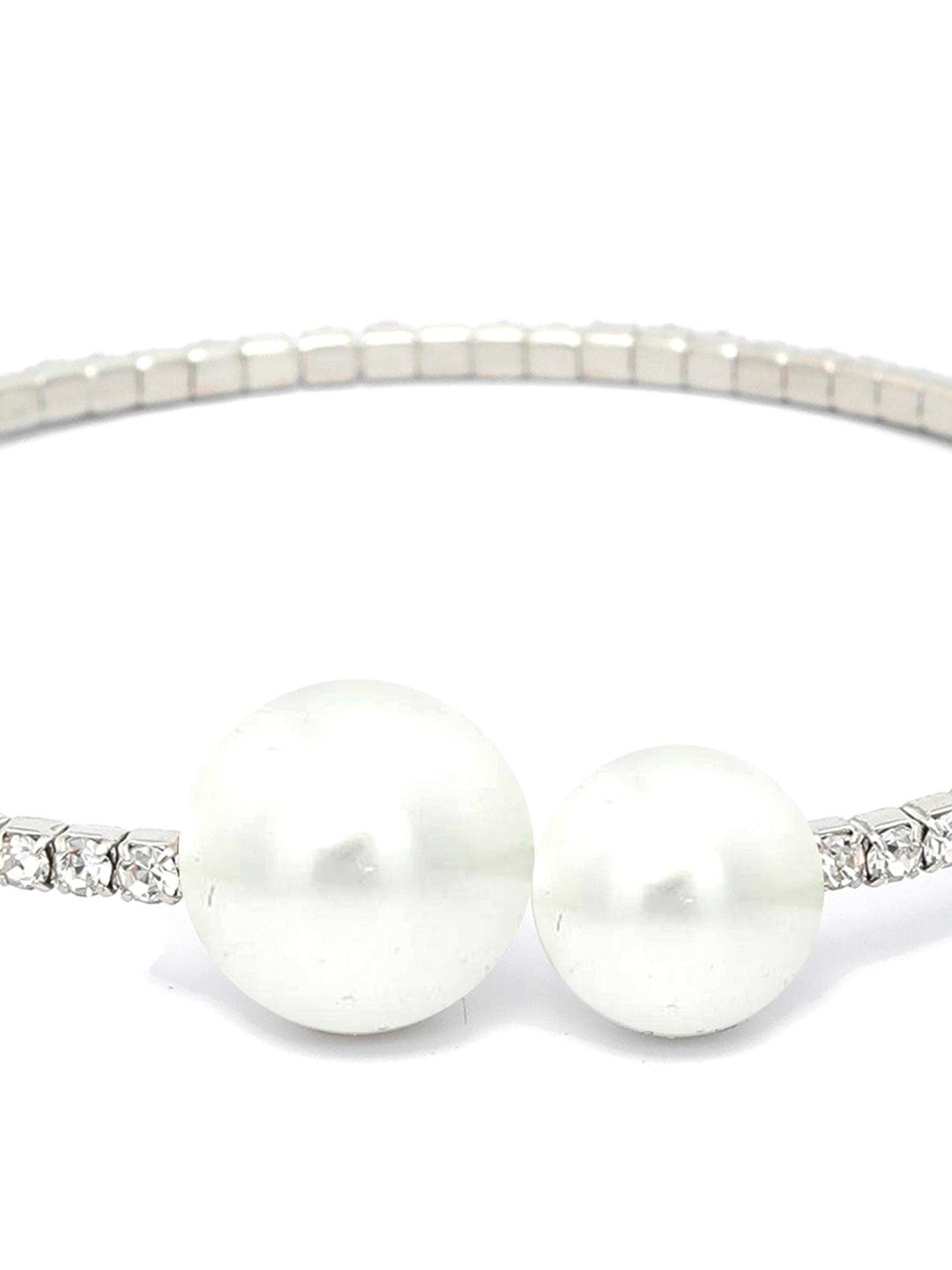 Women's American Diamond Pearls Silver Plated Circle Cuff Bracelet - Priyaasi - Indiakreations