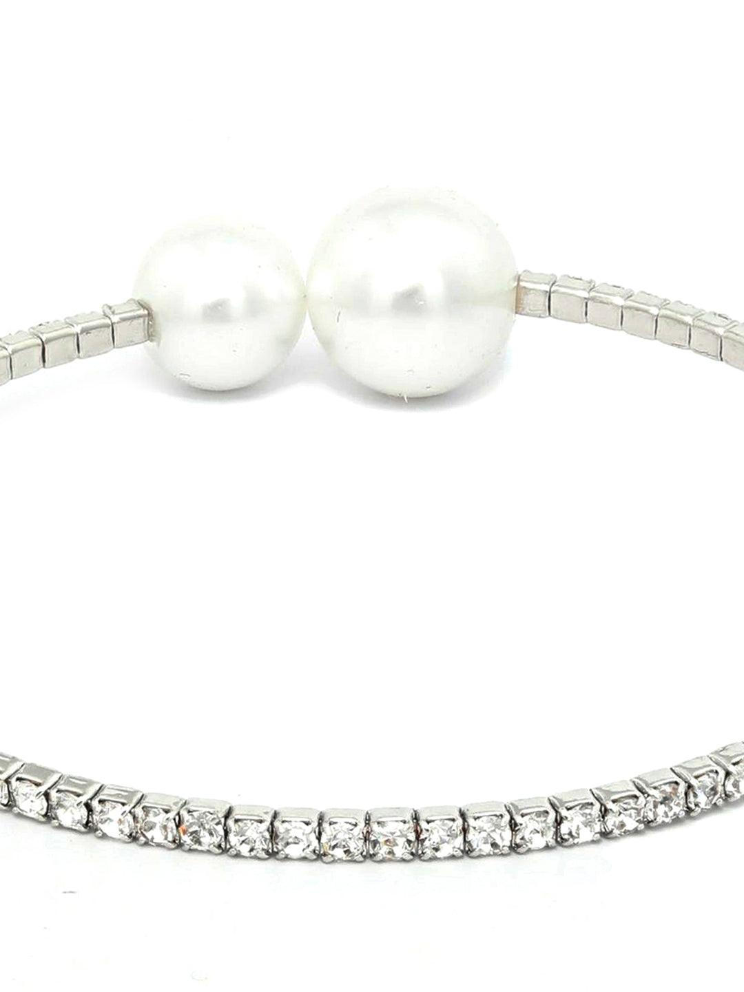 Women's American Diamond Pearls Silver Plated Circle Cuff Bracelet - Priyaasi - Indiakreations