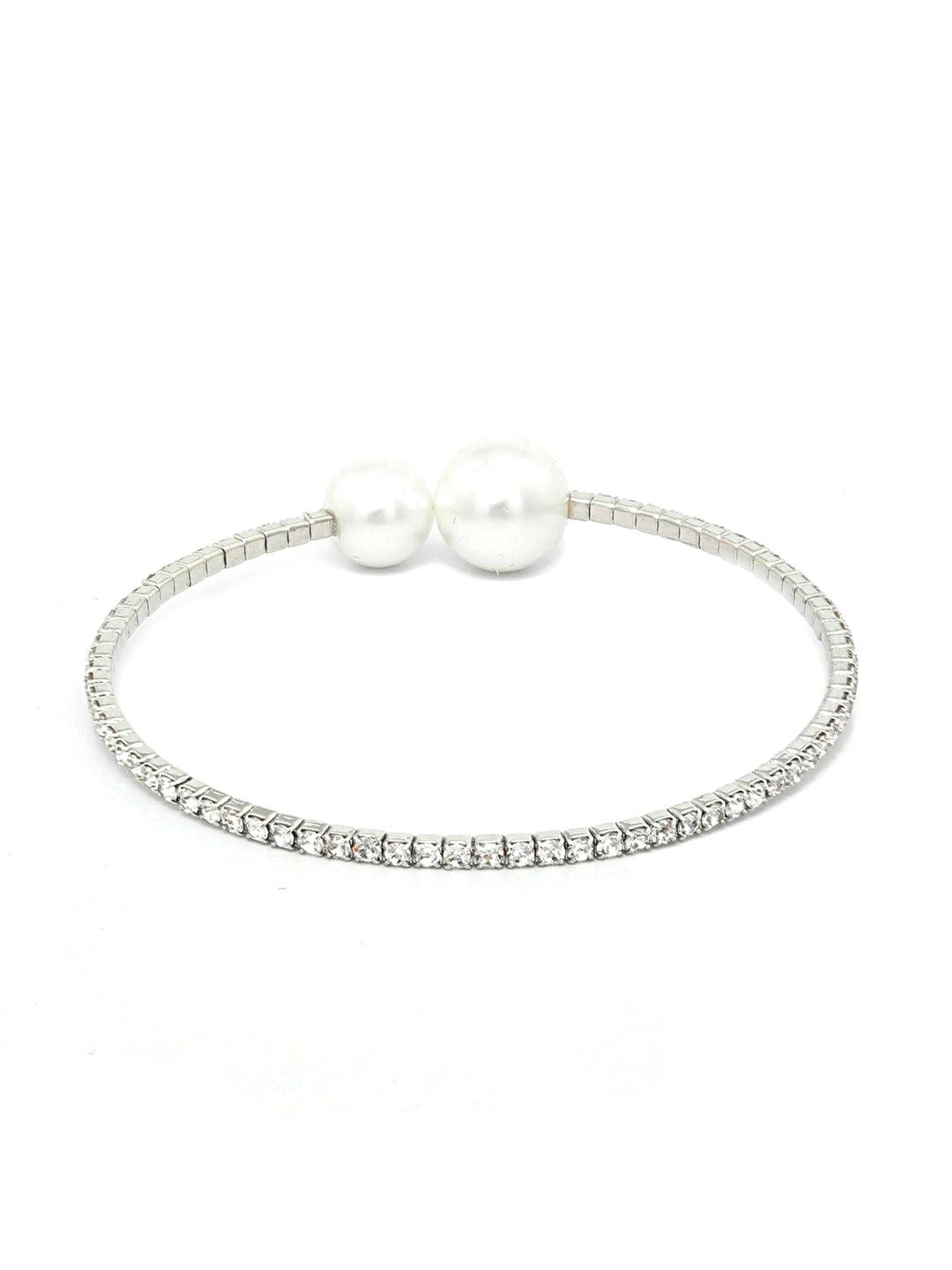 Women's American Diamond Pearls Silver Plated Circle Cuff Bracelet - Priyaasi - Indiakreations