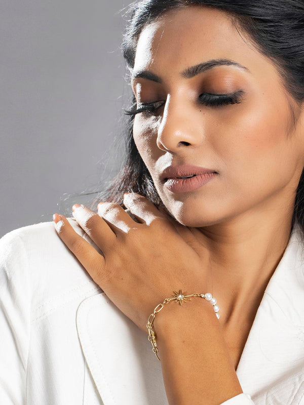 Women's White American Diamond Pearls Gold Plated Star Link Bracelet- Priyaasi - Indiakreations