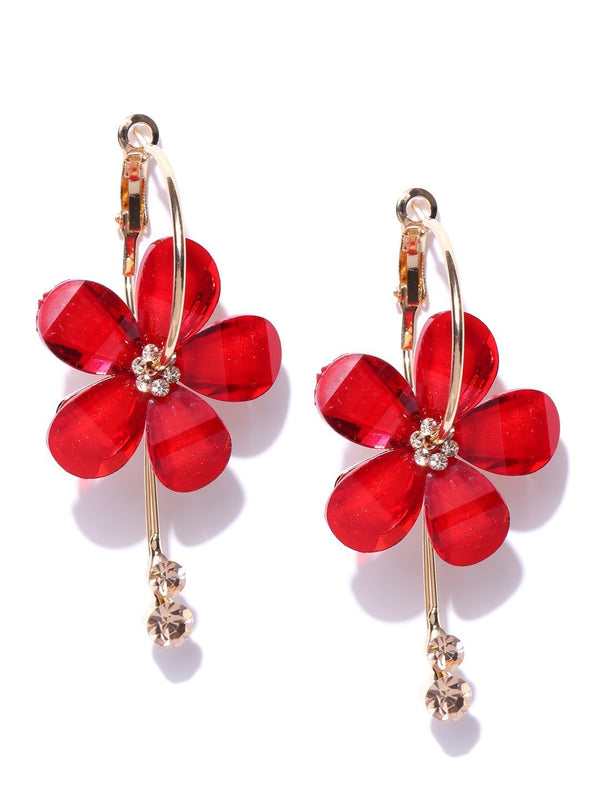 Women's Gold-Plated Stones Studded Floral Drop Earrings in Red Color - Priyaasi