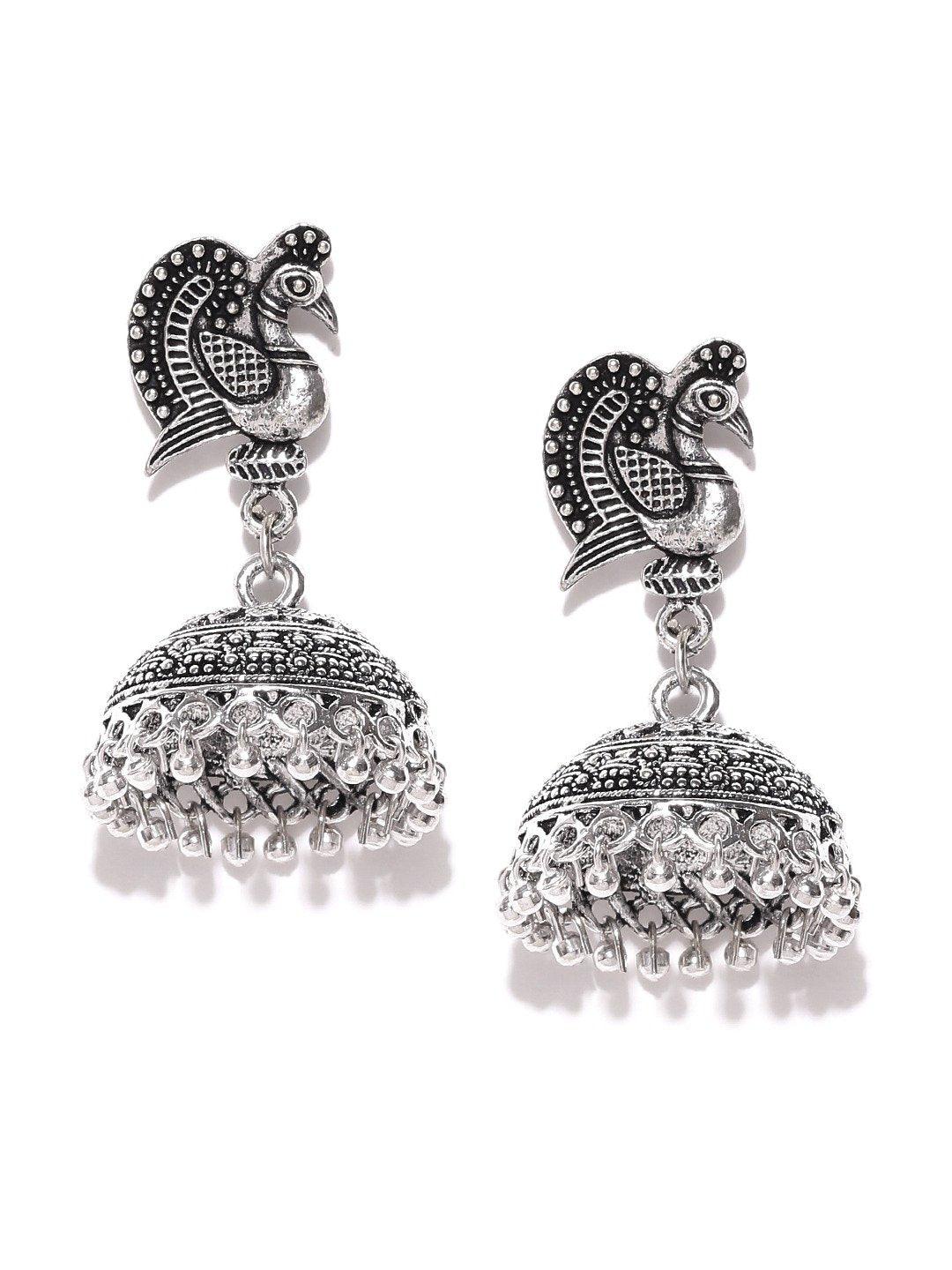 Women's Peacock Inspired Germen Silver Oxidised Handmade Jhumki Earrings - Priyaasi - Indiakreations