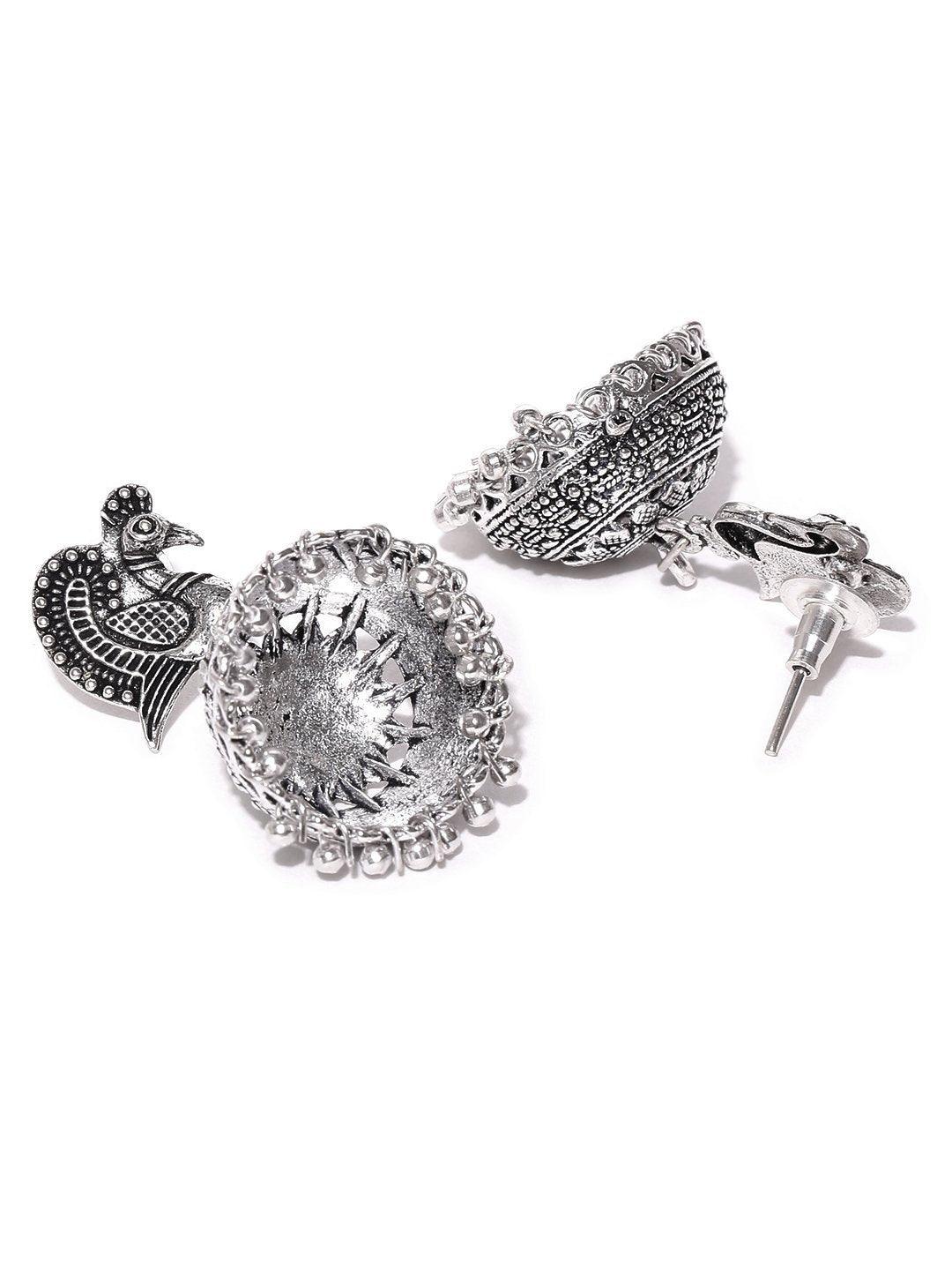 Women's Peacock Inspired Germen Silver Oxidised Handmade Jhumki Earrings - Priyaasi - Indiakreations