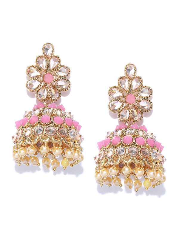 Women's Pink Gold-Plated Stones Studded Floral Patterned Jhumka Earrings in Pink and White Color - Priyaasi