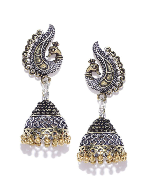 Women's Peacock Inspired Germen Silver Double Tone Engrave Jhumki/Jhumka Earring - Priyaasi - Indiakreations