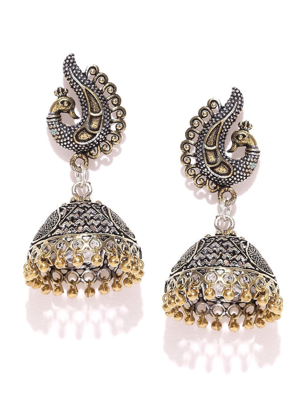 Women's Peacock Inspired Germen Silver Double Tone Engrave Jhumki/Jhumka Earring - Priyaasi