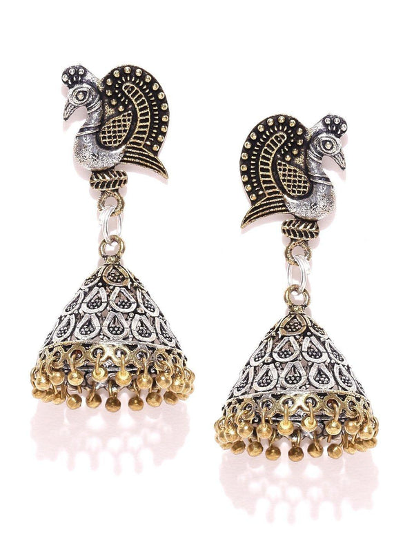 Women's Peacock Inspired Germen Silver Double Tone Engrave Jhumki/Jhumka Earring - Priyaasi - Indiakreations