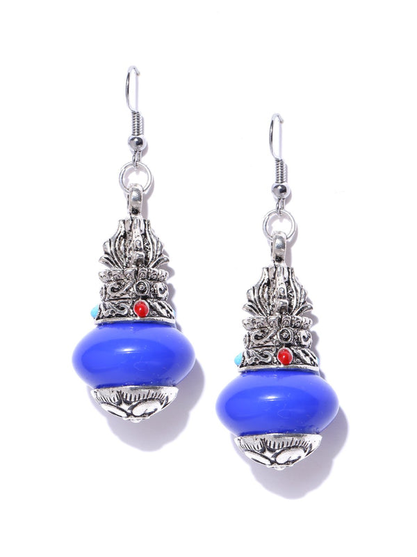 Women's Blue & Oxidised Silver-Toned Handcrafted Contemporary Drop Earrings - Priyaasi