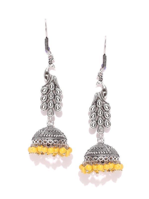 Women's Peacock Inspired Germen Silver Oxidised Handmade Dangler Jhumki Earrings - Priyaasi