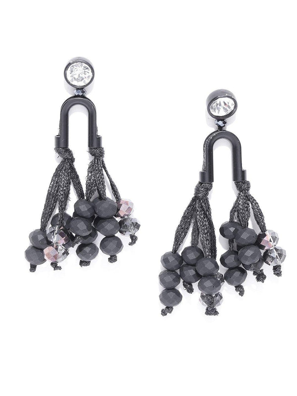 Women's Stones Studded Tasselled Drop Earrings in Black Color - Priyaasi - Indiakreations