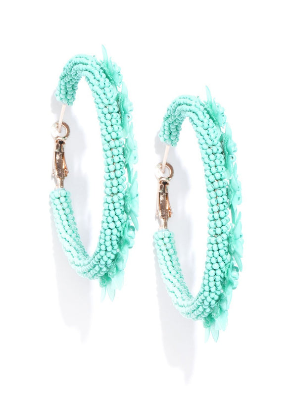 Women's Designer Floral Pattern Beaded Mint Green Hoop Earrings - Priyaasi