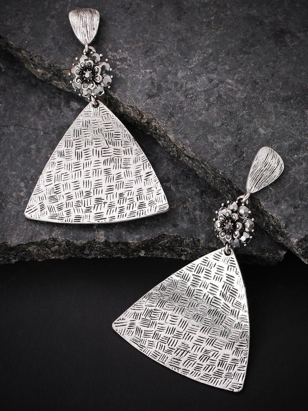 Women's Oxidised Silver-Plated Triangular Textured Drop Earrings - Priyaasi - Indiakreations