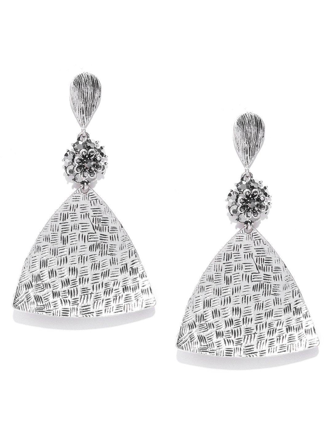 Women's Oxidised Silver-Plated Triangular Textured Drop Earrings - Priyaasi - Indiakreations