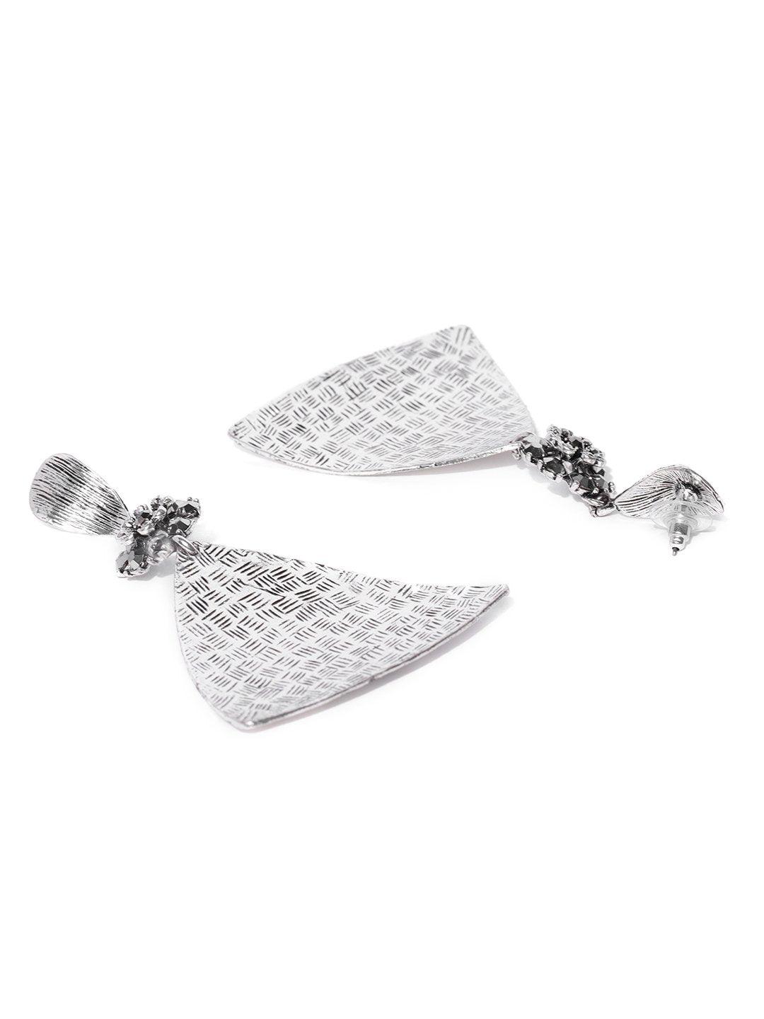 Women's Oxidised Silver-Plated Triangular Textured Drop Earrings - Priyaasi - Indiakreations