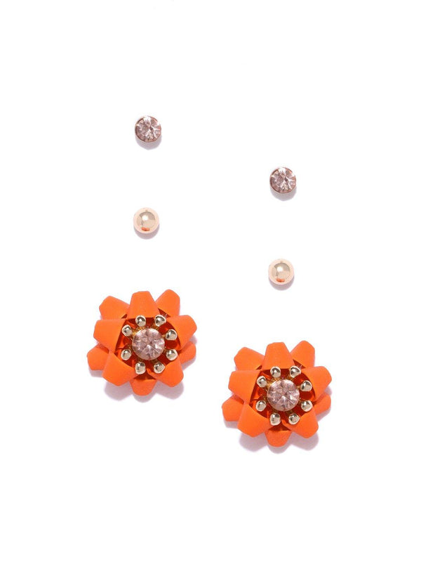 Women's Gold-Plated Saffron Colour Stud Earrings With 2 Pair Matching Studs Earrings - Priyaasi - Indiakreations